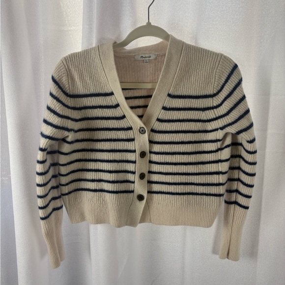 Madewell Sweaters - Madewell SoftWool V-Neck Cardigan in Cream Navy Stripe Cashmere Blend XL GUC